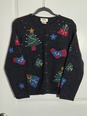 Talbots Christmas Trees Print Wool Sweater Cardigan Small Sequence VTG